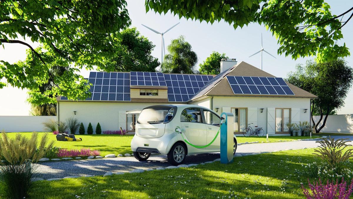 Renewable energy house concept with electric cars charging by solar cell wind energy 3d render.